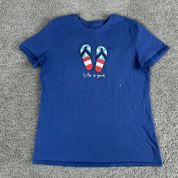 Life Is Good Shirt Womens Medium Blue Red USA Flag Flip Flops Short Sleeve - Picture 1 of 8